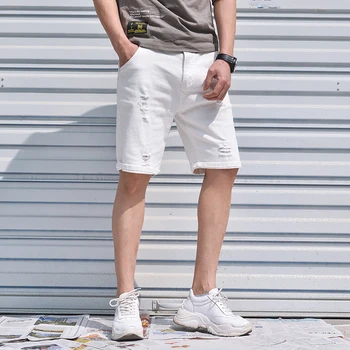 28-42 мъжки дънкови къси панталони оверсайз, корейски модни обикновена ежедневни дънкови къси панталони с дупки, тънки летни плажни шорти, черни, бели