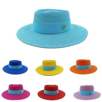 Дамска сламена шапка с вдлъбнати и изпъкнала горна част, сини като езерото, еластична тесьма, елегантно, ретро-ежедневни солнцезащитная шапка за почивка на плажа