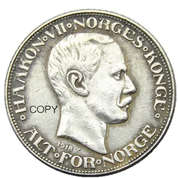 1918 Норвегия 50-аз монета-копие от Ера - Хаакона VII със сребърно покритие