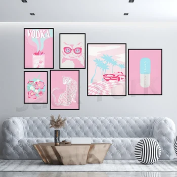 Модерен Принт на стената на Галерията, Определени Щампи в Ретро стил, Розово-Син Плакат, Цветни Естетичен Декор салон в стил Бохо