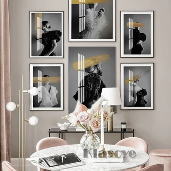 Ретро Елегантен Модерен женски портрет, е черно-бяла фотография, плакат със златни променени артистични щампи, стенни картина, Офис начало декор