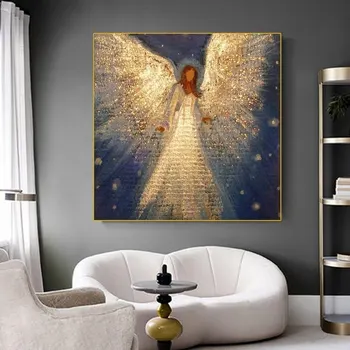 Абстрактна момиче-ангел със златни крила Картина върху платно, големи художествени картини на стената, водоустойчив плакат за модерният домашен интериор