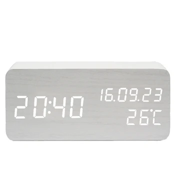 Led alarm clock е от бяло дърво, електронни настолни часовници, нощни Цифров часовник за събуждане, най-ниската температура, влажност на въздуха