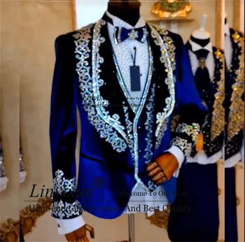 Луксозни Сватбени костюми от кадифе с метални мъниста, мъжки комплекти от 3 теми, смокинги за младоженците, мъжки блейзери за бала, Terno Masculinos Completo
