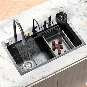 Интелигентна кухненска мивка Водопадный кран Мивка от неръждаема стомана, Черна Голяма мивка Мултифункционален препарат за миене на съдове, за кухненски аксесоари