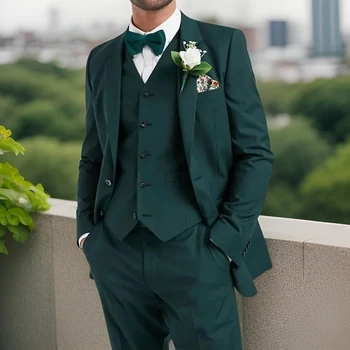 Мъжки костюми за Сватба, Смокинги Младоженеца, Оборудвана Модерен Блейзър от 3 части за Мъже, Изработени по Поръчка Смокинг на Младоженеца (Яке + Жилетка + Панталони)