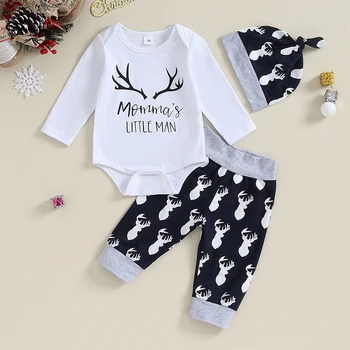 Коледен гащеризон за бебета от 0 до 2 години, гащеризон с дълги ръкави и писмото принтом + Панталони с изображение на главата на елен + Шапка, дрехи за деца