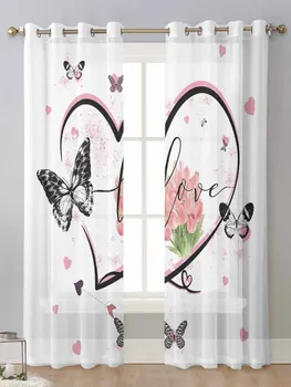 Обичам Цветята-пеперуди, Лале, Акварел, Прозрачни завеси за прозорците на хола, Воал, Тюлевая завеса, завесите Cortinas, Домашен декор