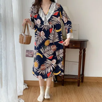 Нова удобни пижами за жени, пролетно Тънка пижама с принтом, Корейска версия на Популярната Свободна памучен домашно облекло Longuette