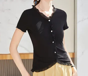 WJ015, нови дамски тениски, летни дрехи, дамски тениски, блузи с къс ръкав, всекидневни, V-образно деколте, бял /черен цвят