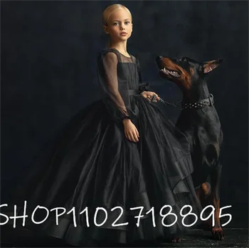 Черни рокли за момичета в цветенце 2023, Иллюзионное луксозно детско сватбена рокля трапецовидна форма, с дълги ръкави от тюл, Детско сватбена рокля