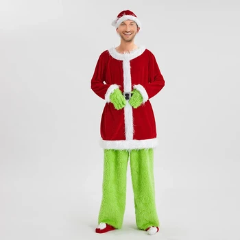 Коледен костюм на Дядо Коледа, Обикновена Космати върхове, панталони, Шапка, ръкавици, Чорапи, комплект костюми за cosplay