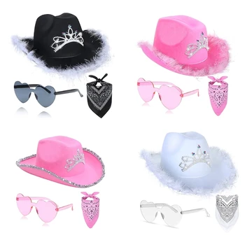 Мерцающая розова шапка-шнола, Розова шапка-шарена кърпа, ковбойская шапка унисекс, ковбойская шапка в стил Уестърн + Кърпа + слънчеви очила