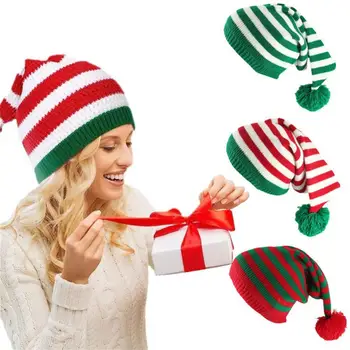 Коледен Елф, Шапка на Дядо Коледа, вязаная шапка в червено-зелена хоризонтална ивица, вязаная на една кука, С Коледа, подарък за възрастни С Нов 2024 Година