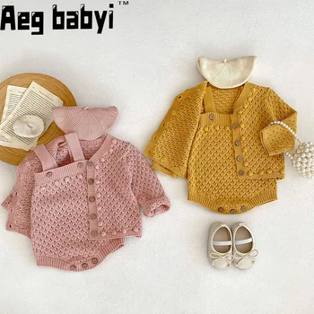 Есенното облекло за бебета, гащеризон за малки момичета, детски вязаный пуловер с топки, ръчно изработени, палта, комплекти от 2 теми, Яке за новородено, трикотаж от 0 до 3 години