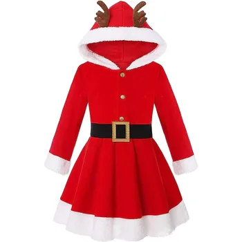 Коледен костюм г-жа Коледа за момичета, облекло за cosplay, червено бархатное рокля 100-160 см