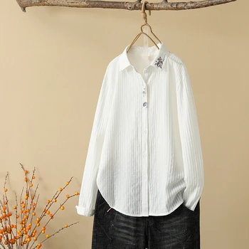 2023, Пролетно новост, Женска бяла риза от памук с бродерия на цветя, Свободна ежедневна блуза, Прост, Свеж, Младежки стил, Дамски връхни облекла с лък