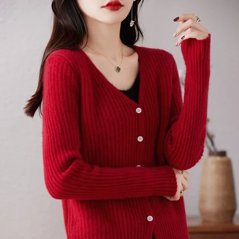 Пролет и есен 2024, нов дамски жилетка от 100% мериносова вълна, вязаный пуловер с V-образно деколте, свободно стилно палто, Мека блуза с дълги ръкави