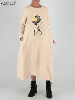 ZANZEA Модни халати за баня с дълъг ръкав, женствена рокля с флорални принтом, празничен макси-жилетка с кръгло деколте, 2024, есенни рокли оверсайз с джобове