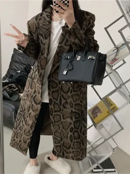 Кафяви палта Hepburn със средна дължина, с леопардовым принтом за зимата 2023, Двубортный дълъг вълнен тренч, мода за подиум