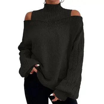 Жена пуловер с яка наполовина във формата на костенурка, топъл и уютен случайни пуловер, стилен женски пуловер с открити рамене, уютен вязаный пуловер за есента/зимата