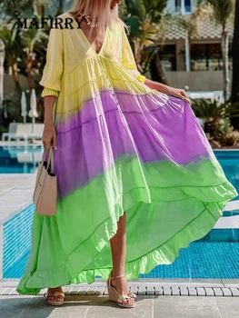 Лятото е Ярко цветно-Секси Свободна плажна рокля с V-образно деколте и принтом, ежедневното улично рокля с дълъг ръкав, бельо Макси рокля с къдри в стил мозайка