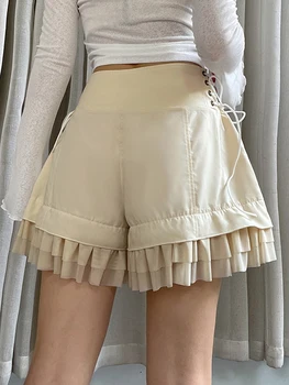 Дамски къси панталони-карго Y2K с висока талия и завязками от двете страни, многопластови къси панталони с копчета, реколта градинска облекло в стил харадзюку