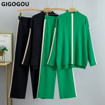 GIGOGOU Two/Комплекти от 2 теми, Дамски Пуловер, Спортен костюм, Вертикални Райета, Дамски Пуловер С висока воротом + Широки Панталони, Костюми, Палта