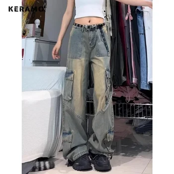 2023 Зимни дамски свободни дънкови панталони Harajuku в ретро стил с висока талия Y2K, широки дънкови панталони с мешковатыми джобове в разговорния стил
