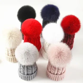 Дебела топла шапка за зимните жени, ежедневни вълнени crochet-шапки, шапка в райе с тъкани модел, тюбетейки с кожа помпоном