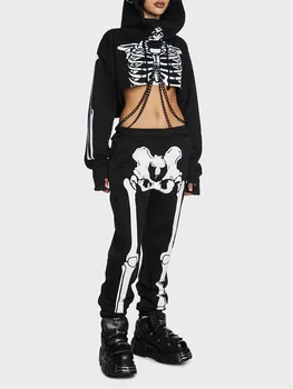 Дамски спортни панталони-скелет на Хелоуин, панталони-джоггеры с еластичен колан и черепа, эстетичные широки панталони-карго, градинска облекло