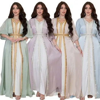 Близък Изток, Мароко, Дубай, Мюсюлманска мода, Дамско луксозно рокля с диаманти, комплект от абаи, Ярка коприна атласное рокля-тройка