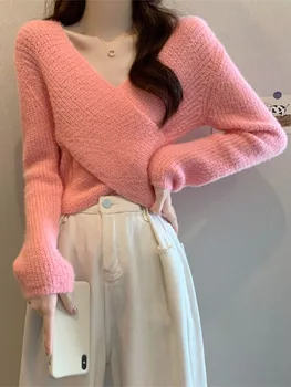 Жена есенен пуловер Корейската версия, Нов обикновен, лек дизайн, V-образно деколте, кръст, Пуловер с дълги ръкави, вязаный топ D4837