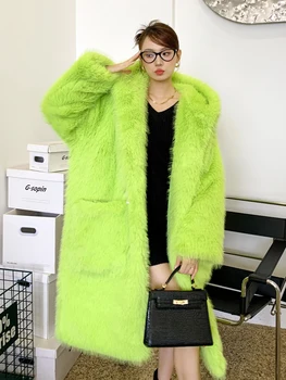Есенно-зимни модни Нова дългогодишна зелено палто от изкуствена кожа, Дълга Свободна горна дреха с качулка, дамски дрехи, безплатна доставка
