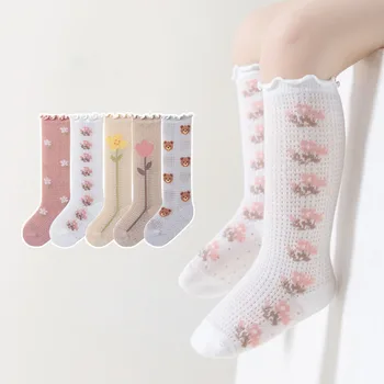 Летни Нови окото детски чорапи от комари с цветен модел за новородени, чорапогащи до коляното, свободни дантелен бебешки чорапи-тръба с белезници