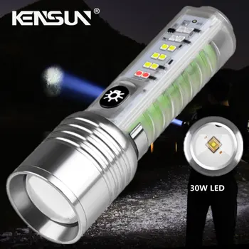 Мощен led фенер с мощност 30 W Type-C, Акумулаторна батерия, Ключодържател, Led лампа с Магнит, UV-Лъчи, за къмпинг, Многофункционален Портативен Фенерче