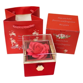 Кутия за пръстени с рози се Върти на 360 °, Кадифе ковчег за бижута, една Вечна кутия с рози, Свети Валентин, Ден на Майката, За романтични подаръци