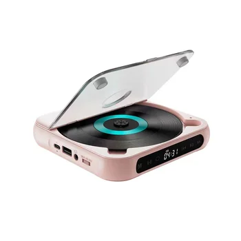 Преносим CD-плейър, Bluetooth-високоговорител, led екран, Стереопроигрыватель, монтиран на стената Музикален cd плеър с FM радио-Розов