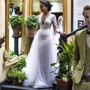 Луксозни сватбени рокли-калъфи 2023, апликация с V-образно деколте, дантела и мъниста, вечерни рокли, на булки, Vestido De Новия в африканския стил по поръчка