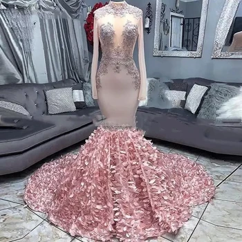 Луксозни розови рокли за бала на Русалка С висока яка и дълги ръкави, апликации, Дубайское Арабското дълга рокля за бала, вечерна рокля Robe De Soiree