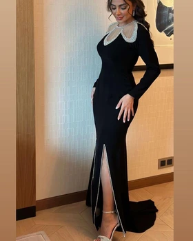 Класически черни рокли за бала с зъба, дълги ръкави, разрез от двете страни, с дължина до пода, Арабски дамски официални рокли 2023