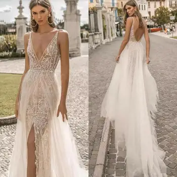 Секси сватбени рокли 2020 г., с цепка отпред, кружевными мъниста с V-образно деколте и с отворен гръб, сватбени рокли по поръчка