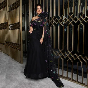 Aleeshuo Изискана черна рокля на русалка за бала с фатиновыми апликации с едно рамо, вечерна рокля Арабия Dubai Vestidos De Noche