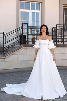Бяло атласное Просто сватбена рокля 2022 С подвижни ръкави, придворен струята, сватбени рокли Vestido De Новия