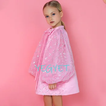 Модни Детски Розови Рокли Пачки С Цветя Модел За Момичета 2023, Зимно Коледна Рокля Без Ръкави, Расшитое Пайети, с Лък
