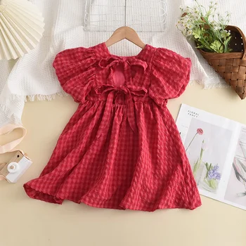 Летни рокли в червената клетка с лък, Елегантна рокля Midi за малки момичета в стил Лолита