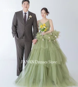 На няколко нива, вечерни рокли от тюл с V-образно деколте FANAN, зелени Сватбени рокли без ръкави в Корейски стил с цип, вечерни рокли за абитуриентски бал, рокли за дейности