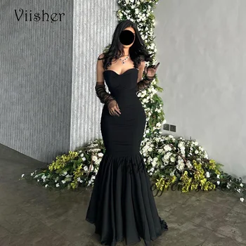 Viisher Черни шифоновые вечерни рокли на Русалка Сексуално дебнещ рокля за бала с дължина до пода, в Дубай Арабски вечерна рокля