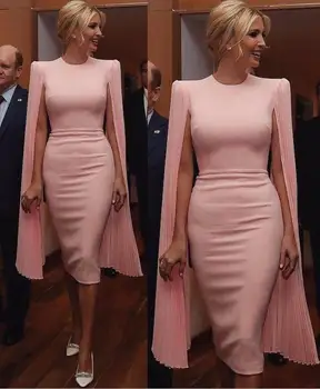 Изискана рокля-калъф Ivanka Тръмп с къси ръкави, наметало върху раменете дълги, кръгъл отвор на вратата, вечерна рокля чаена дължина, Vestido rosa