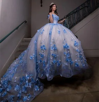 Небето-синьо буйни принцесата рокли, Бална рокля с открити рамене, с цветя, перли, Сладко, 16 Рокли, 15 Мексикански рокли
